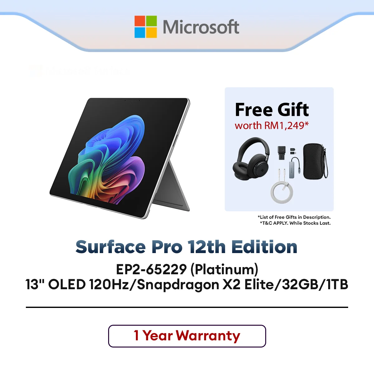 Microsoft Surface Pro 12th Edition (EP2-65229) eTablet Platinum 13" OLED 120Hz/Snapdragon X2 Elite/32GB/1TB/W11H