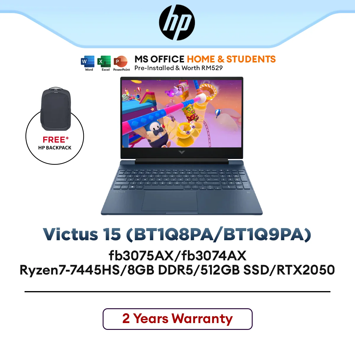 HP Victus 15-fb3074AX/fb3075AX (BT1Q8PA/BT1Q9PA) Gaming Laptop Ryzen7-7445HS/8GB DDR5/512GB SSD/15.6"FHD 144Hz/RTX2050