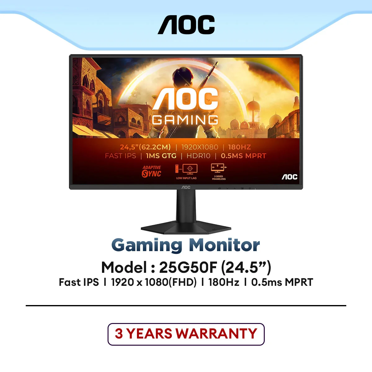 AOC 25G50F 24.5" 180Hz FHD Fast IPS Gaming Monitor | 0.5ms | HDR10 |  Adaptive Sync