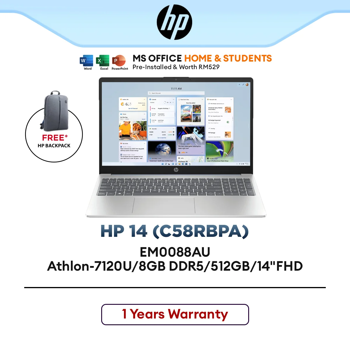 HP 14-EM0088AU(C58RBPA) Athlon-7120U/8GB DDR5/512GB/14"FHD