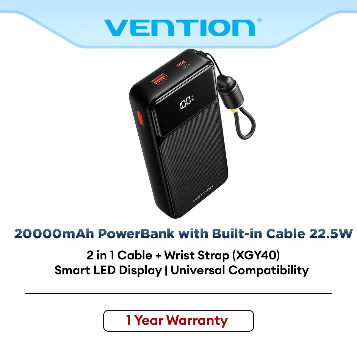 Vention 20000mAh PowerBank with Built-in Cable 22.5W Super Fast Charging Power Bank for iPhone Android Tablets XGYB0-40