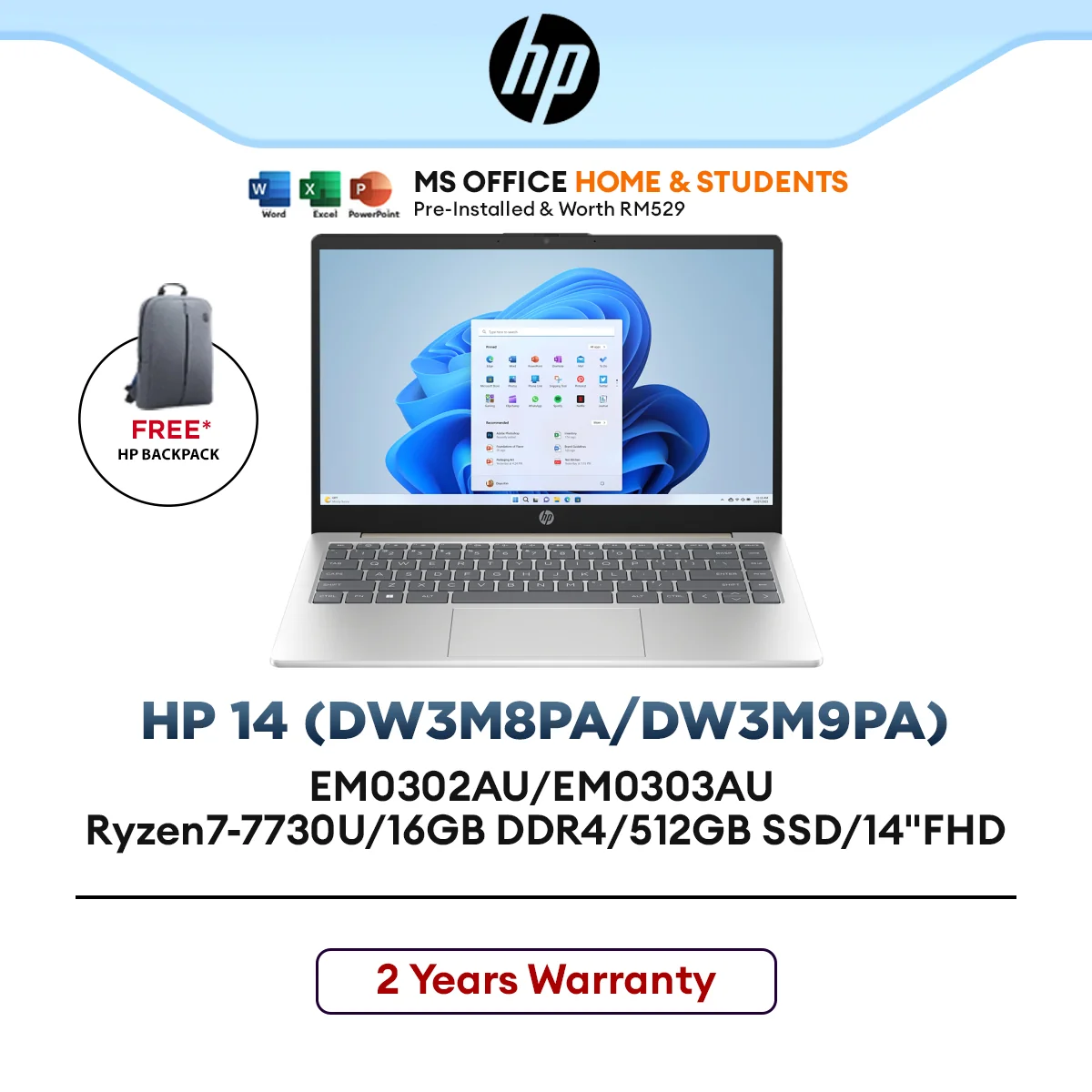 HP 14-EM0303AU/EM0302AU(DW3M8PA/DW3M9PA) Ryzen7-7730U/16GB DDR4/512GB SSD/14"FHD