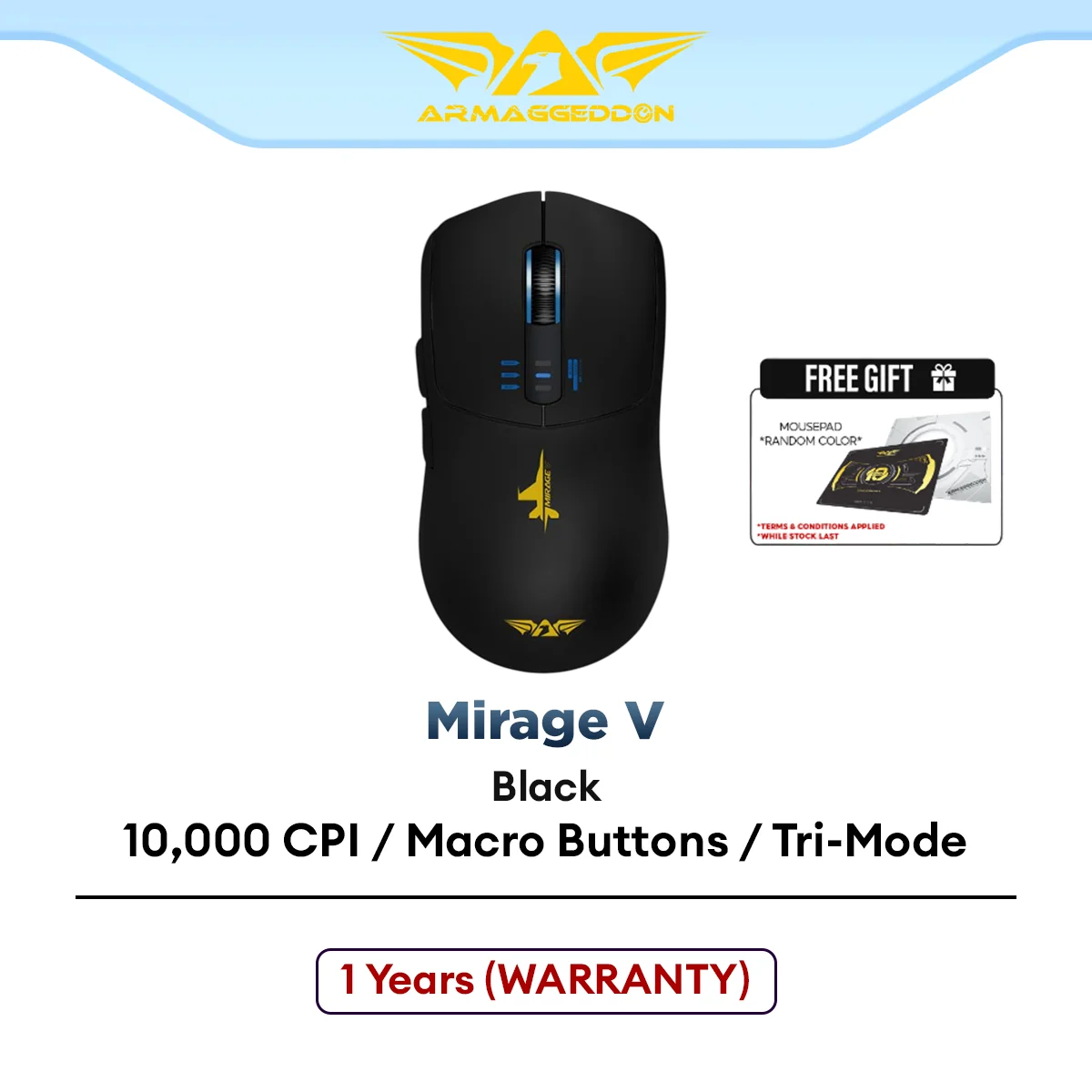 Armaggeddon Mirage V 2.4G Wireless Gaming Mouse with Tri-Mode Connectivity, Lightweight Design, Macro-Able Button