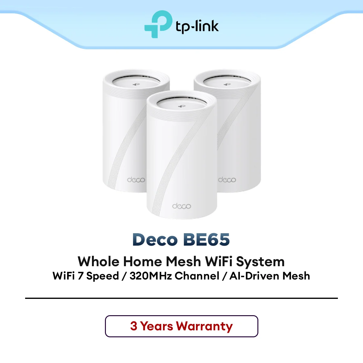 TP-Link Deco BE65 BE11000 WiFi 7 Tri-Band Whole Home AI-Driven Mesh Wifi Router With Homeshield