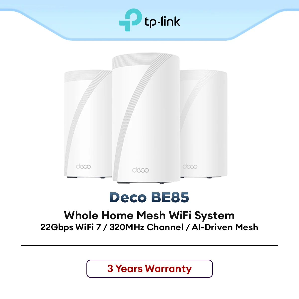 TP-Link Deco BE85 BE22000 Tri-Band Whole Home Mesh WiFi 7 System AI-Driven Mesh Router With Homeshield 6 GHz Band