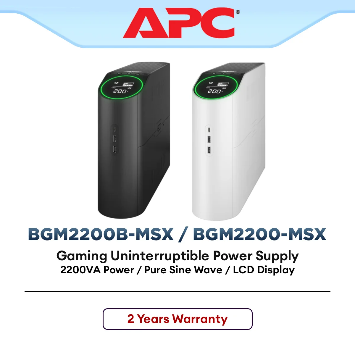APC Back-UPS Pro for Gaming, BGM2200B-MSX / BGM2200-MSX 2200VA/1320W, Tower, 230V, RGB Lights, Pure Sine Wave - BK/WH