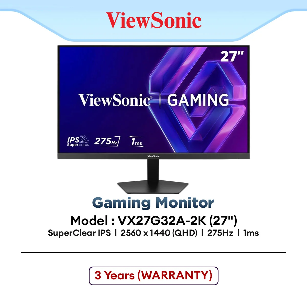 ViewSonic VX27G32A-2K 27" 2K QHD 275Hz SuperClear IPS Gaming Monitor | 1ms | HDR10 | AMD FreeSync | G-Sync