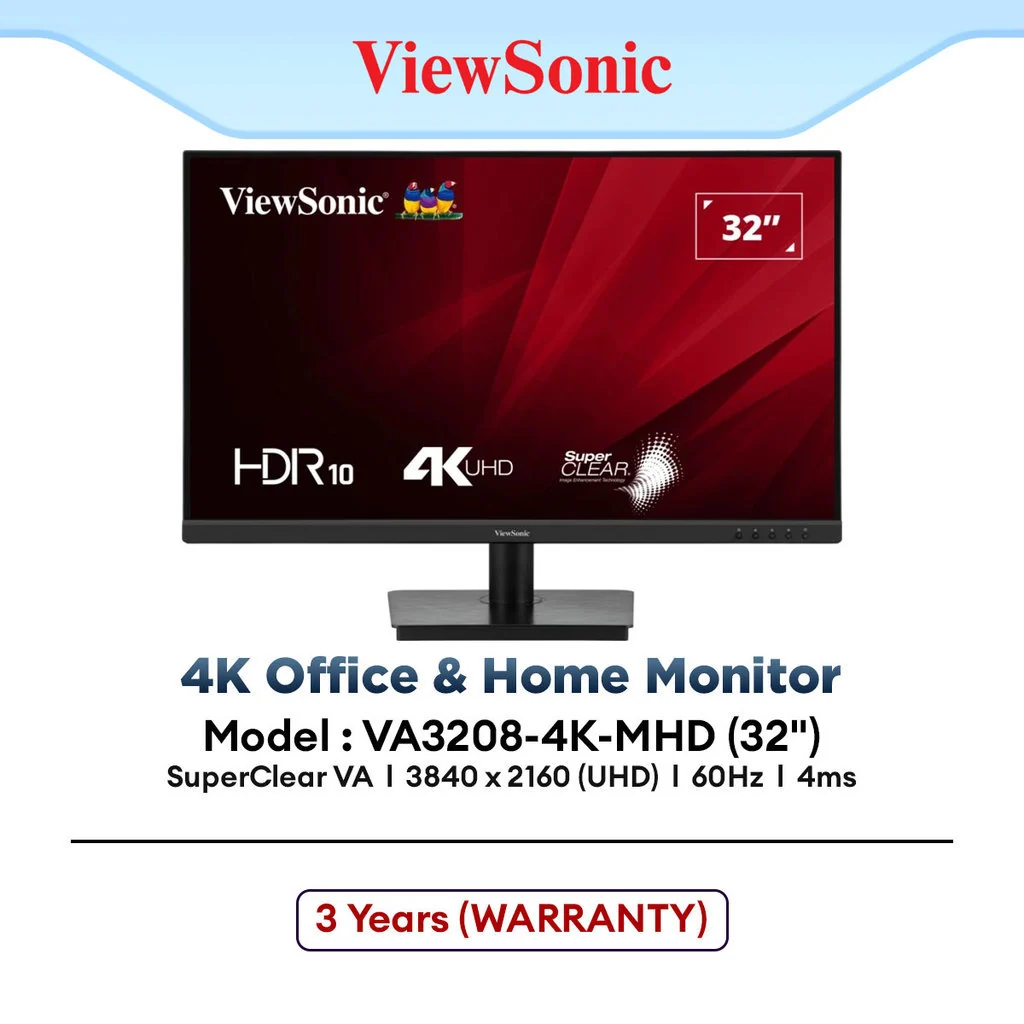 ViewSonic VA3208-4K-MHD 32" 4K UHD 60Hz SuperClear VA Office & Home Monitor | 4ms | Built-In Speaker | HDR10