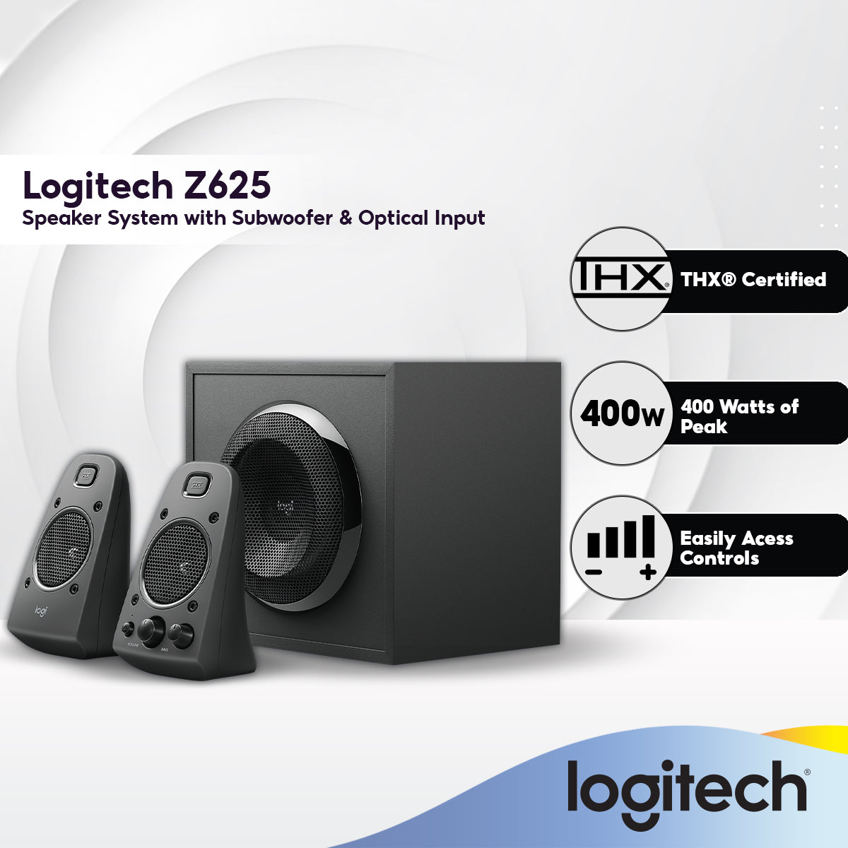 Logitech Z625 Speaker System with Subwoofer and Optical Input | THX® Certified 2.1 Speaker | 400 Watts of Peak/200 Watts