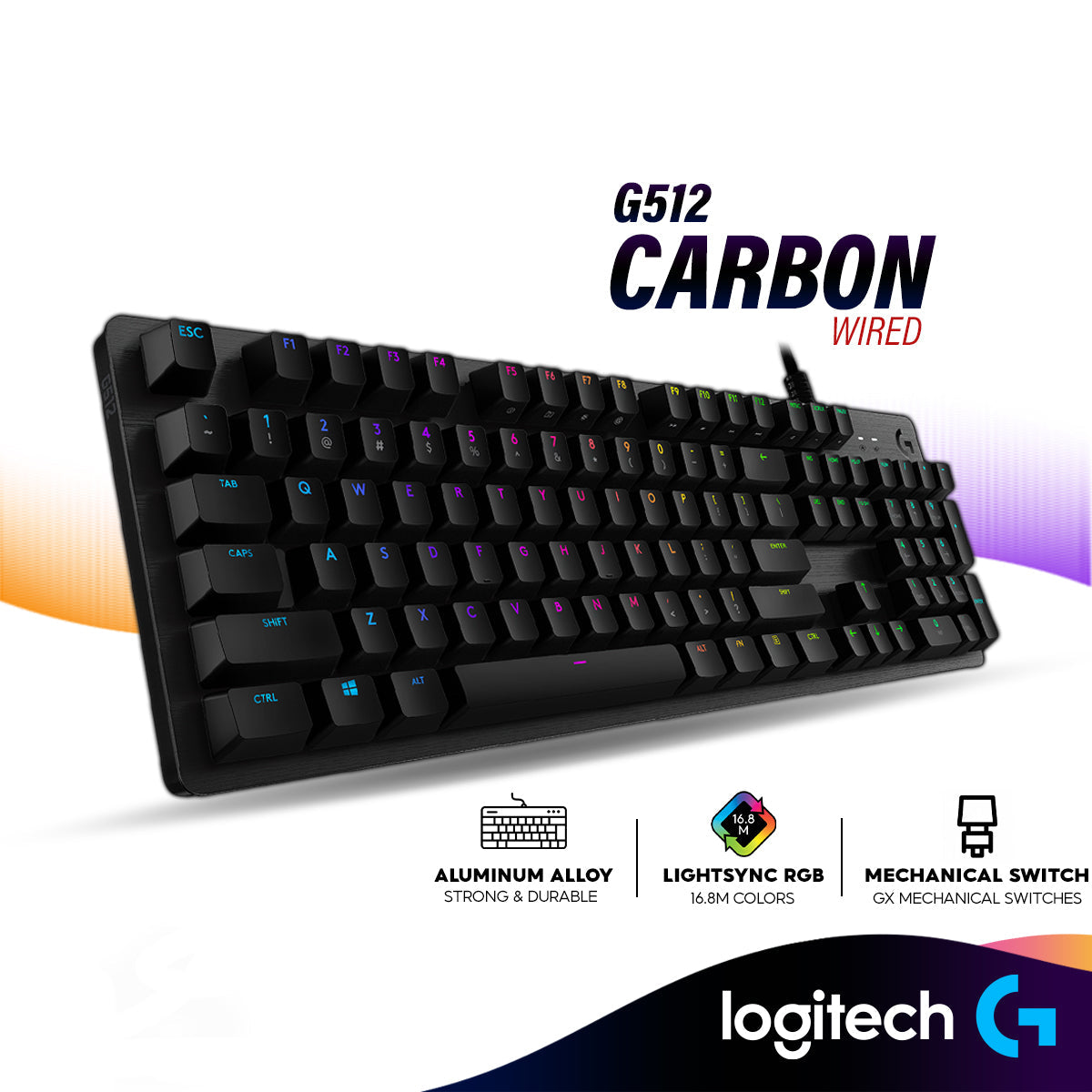 Logitech G512 Carbon Lightsync RGB Wired Mechanical Gaming Keyboard with GX Switches - Linear / Clicky / Tactile