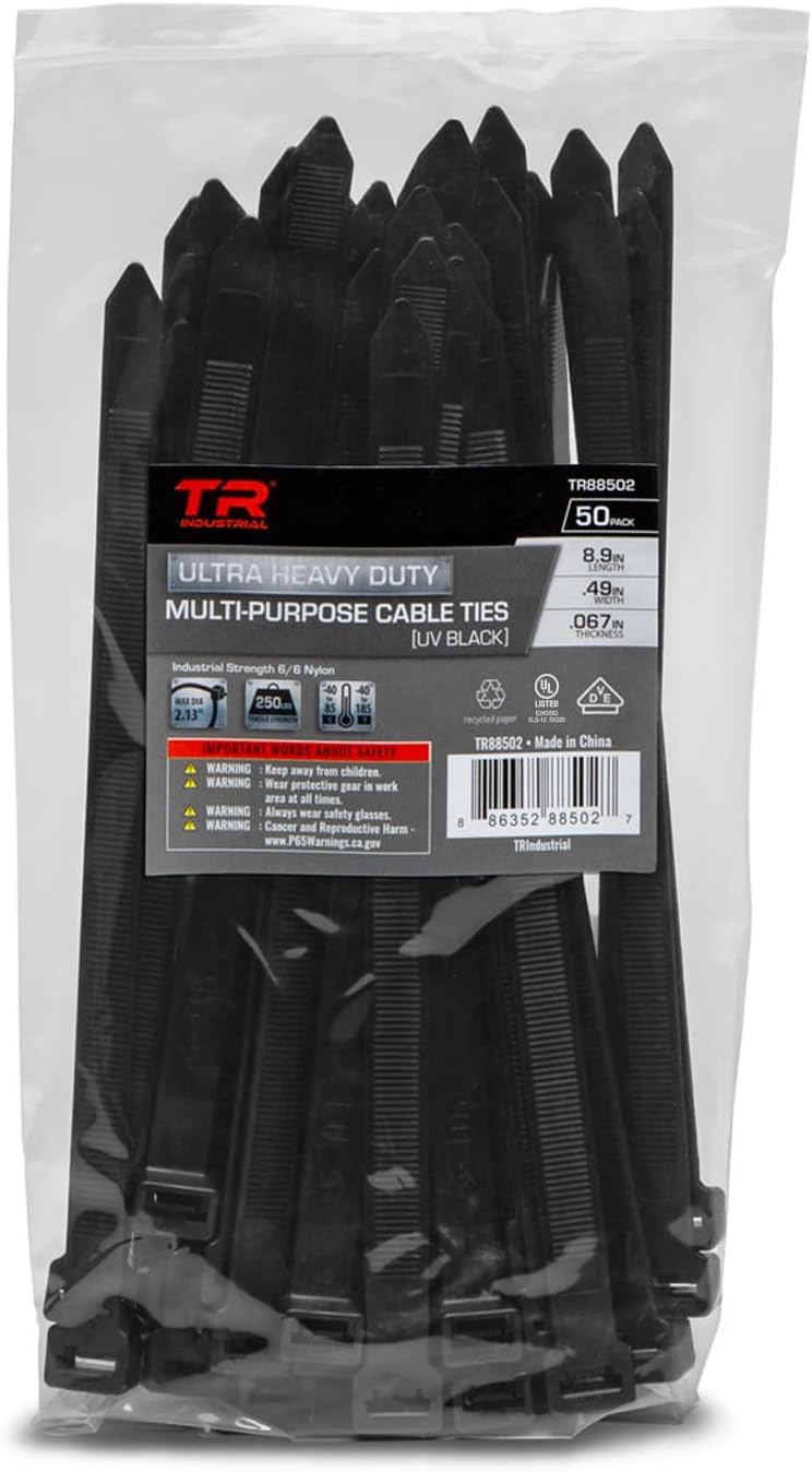 TR Industrial Heavy Duty UV Black Cable Ties 250 lbs 8.9″ 50-Piece