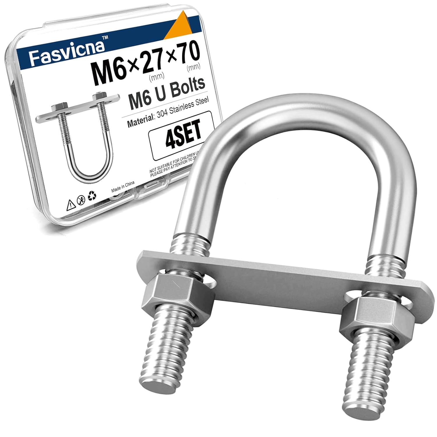 M6 Stainless Steel U-Bolt Clamp Kit with Plate and Nuts 4-Set