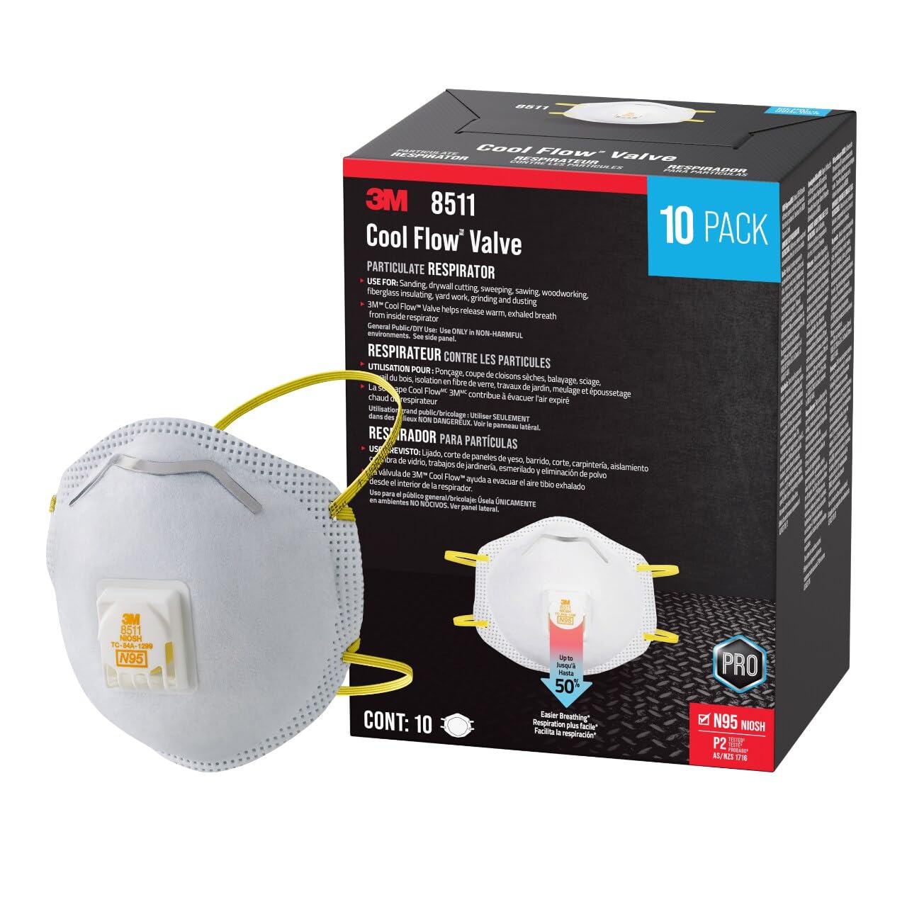 3M 8511 N95 Disposable Respirator with Cool Flow Valve 10-Pack