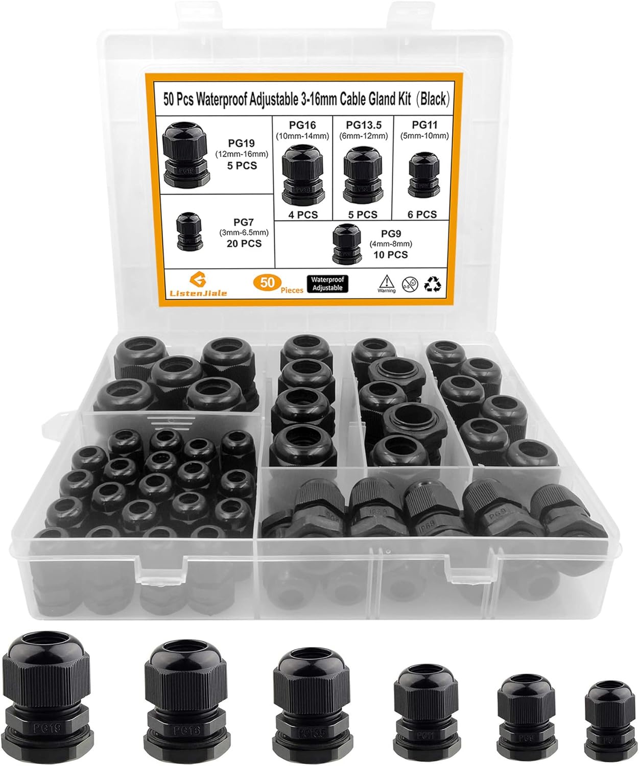 Waterproof Cable Gland Assortment Kit PG7–PG19 50-Piece