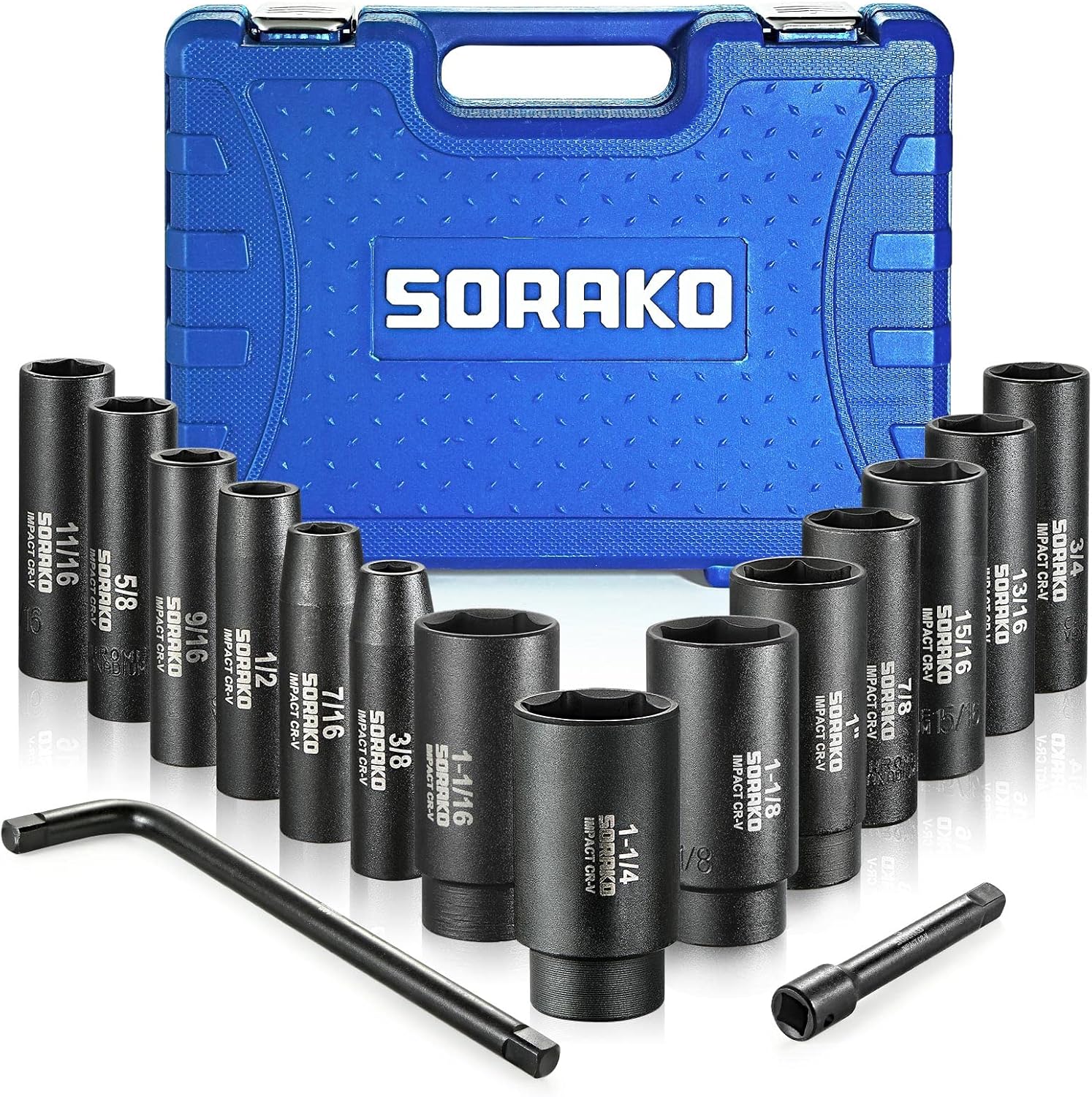 SORAKO 16-Piece 1/2″ Drive SAE Deep Impact Socket Set with Extension Bar