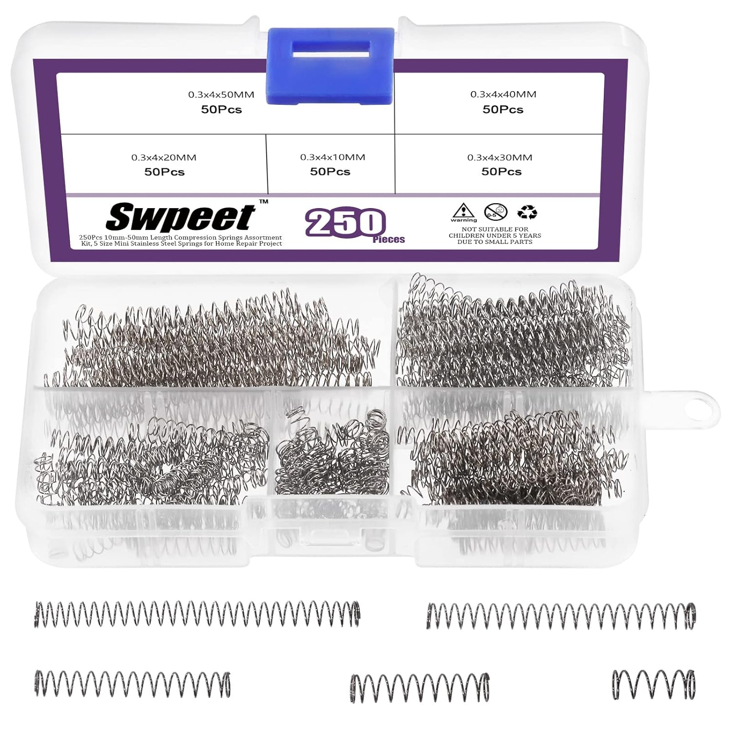 Swpeet 250-Piece Stainless Steel Compression Spring Assortment Kit