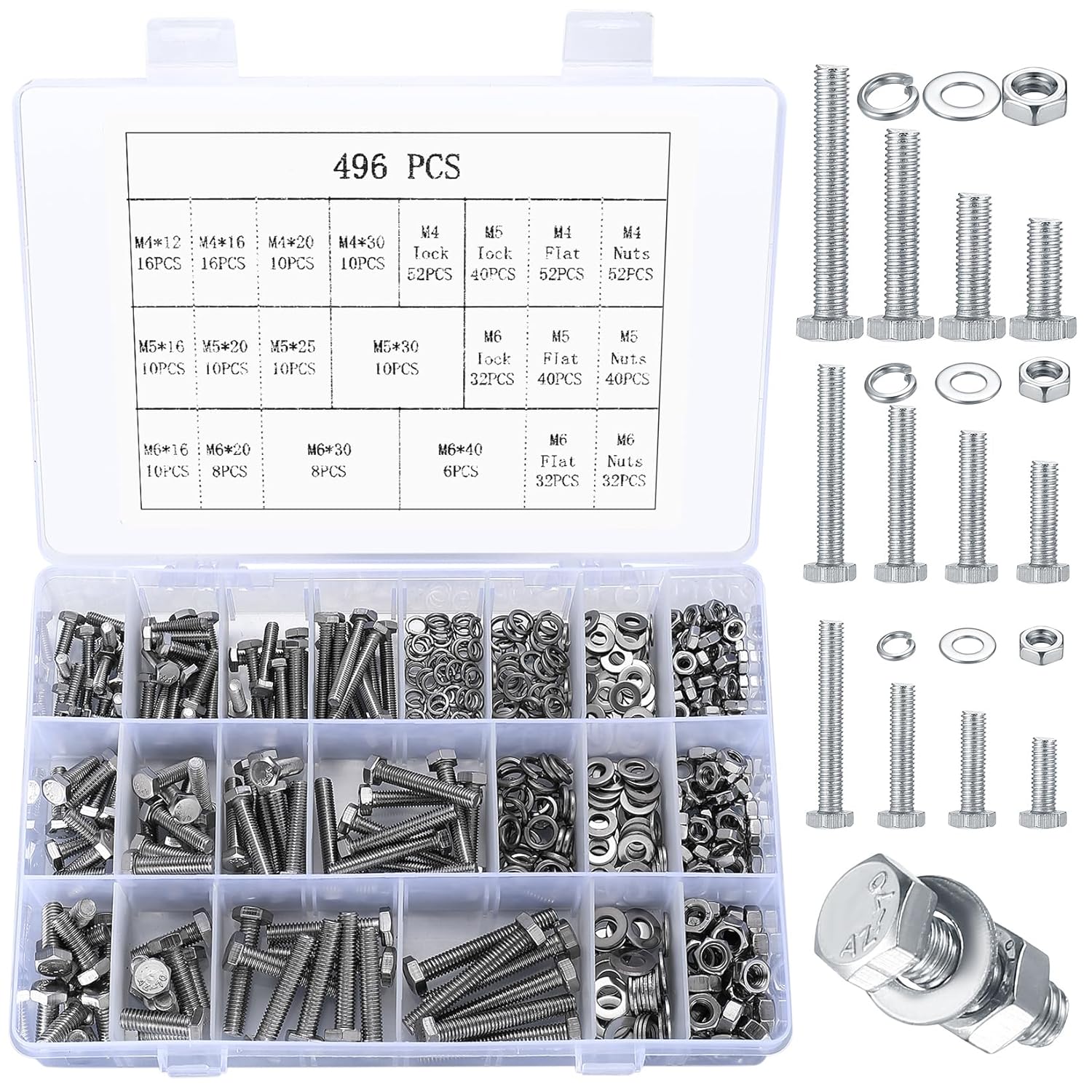 Stainless Steel Metric Hex Bolt Nut Washer Kit 496 Pcs M4 M5 M6