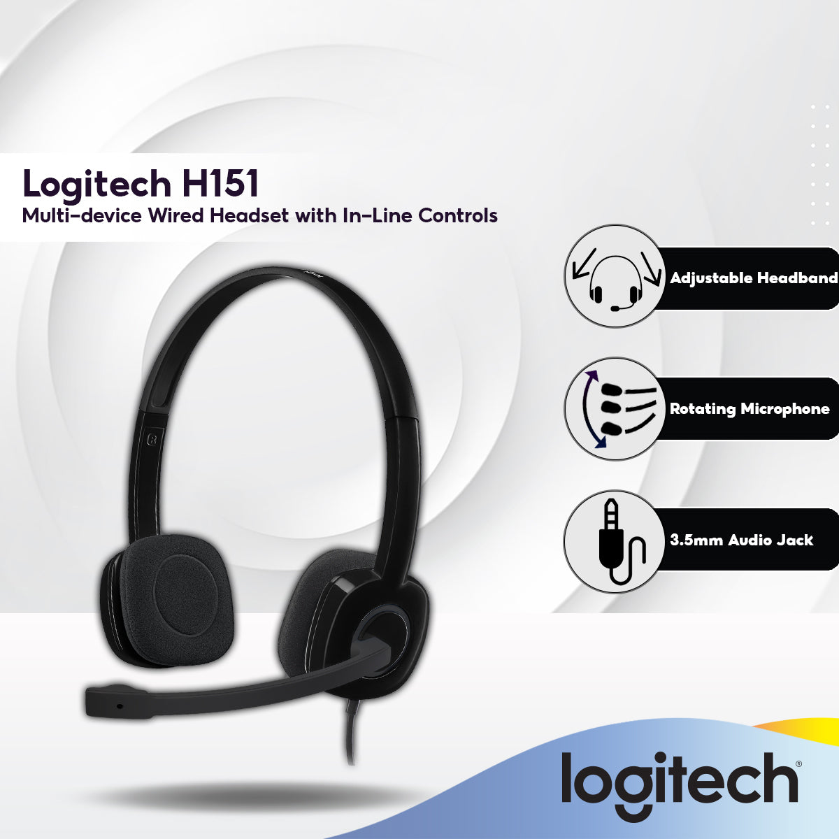 Logitech H151 Wired Headset, Stereo Headphones with Rotating Noise-Cancelling Microphone, 3.5 mm Audio Jack