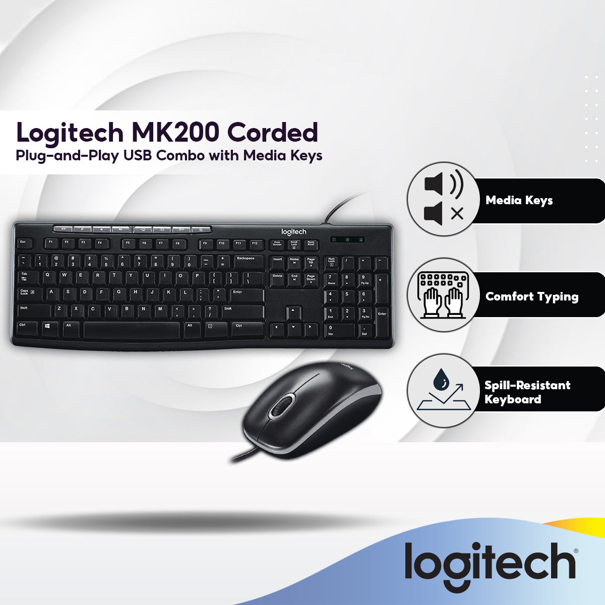 Logitech MK200 Media Corded Keyboard and Mouse Combo | Plug-and-Play USB Combo | Media Keys | Full-Sized Keyboard