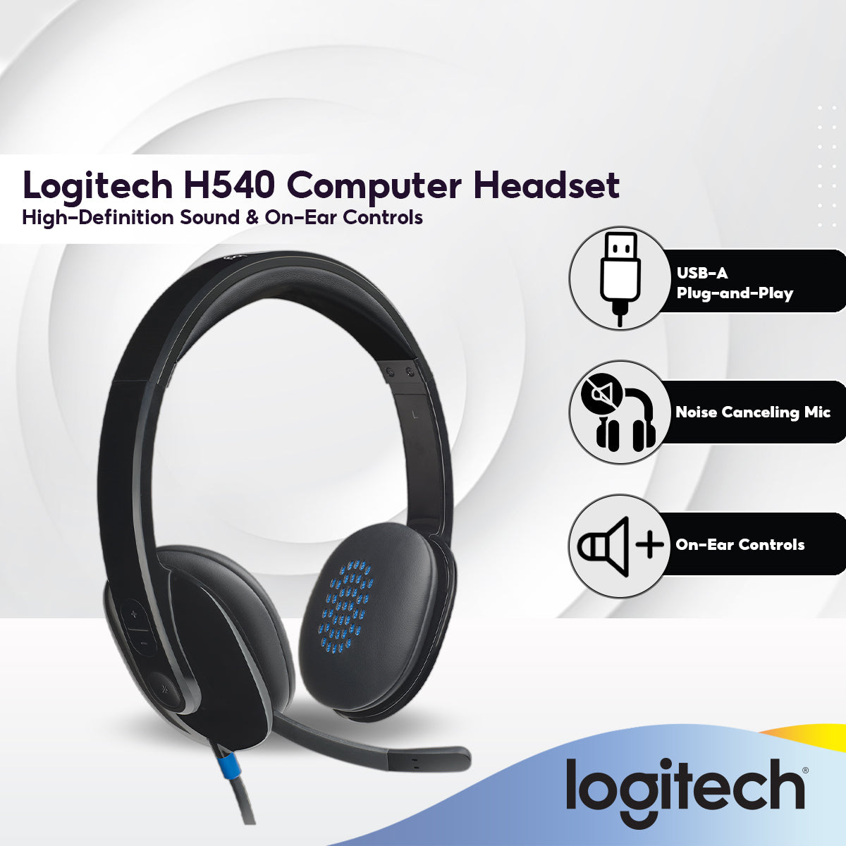 Logitech H540 Wired USB Headset with Noise-Cancelling Microphone | On-Ear Controls | High-Definition Sound